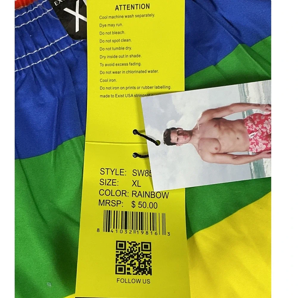 Exist Swim Men's Rainbow Striped Swim Trunks Board Shorts XL NWT